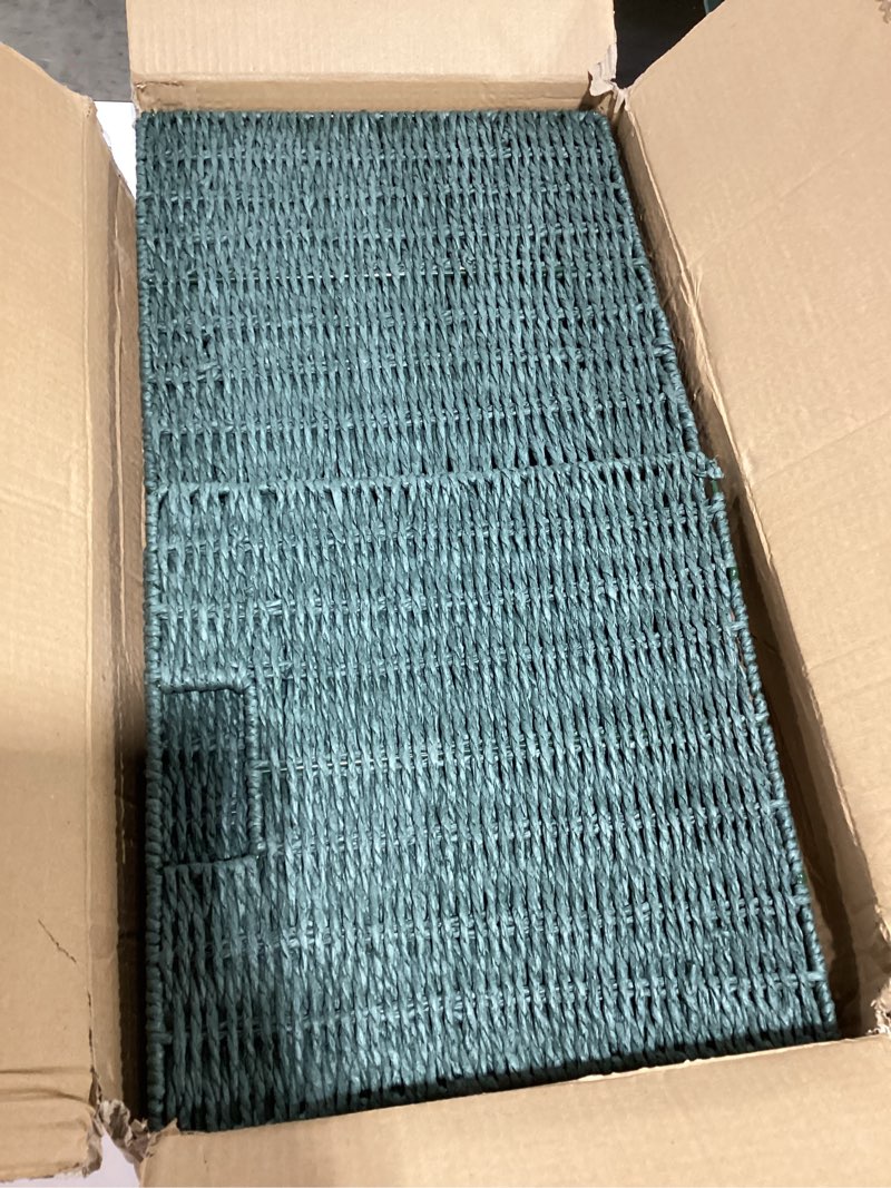 Condition photo showing Good Condition for set of 2 hand-woven paper rope wicker baskets, storage basket, foldable cube storage bins, green storage cubes, square baskets for organizing shelves, 12x12x12in paper rope green