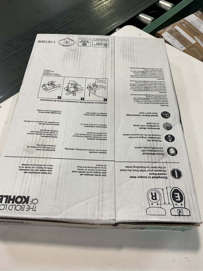 Condition photo showing New/Like New for kohler stonewood quiet-close elongated toilet seat, slow close design, durable wood, easy installation, universal fit, white finish, k-20466-0