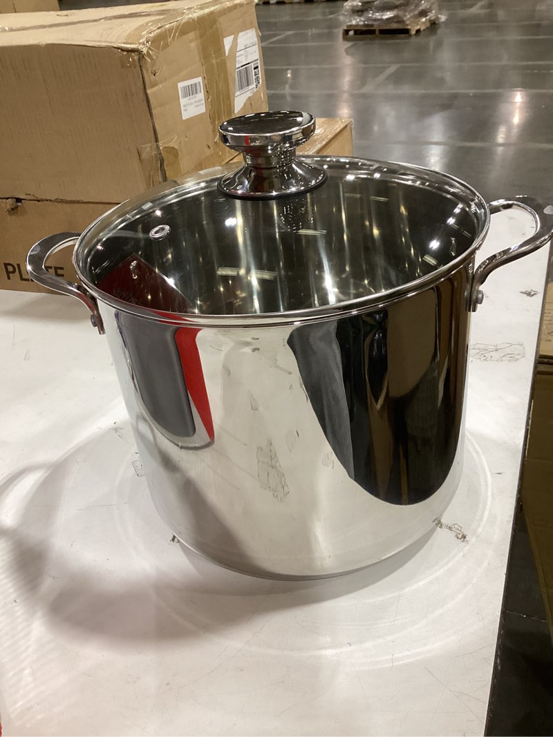 Condition photo showing As Is for tri-ply stainless steel stock pot, 12 quart heavy duty induction cooking pot with visible lid for pasta, soup, spaghetti, sturdy & double handle, dishwasher safe 12 quarts