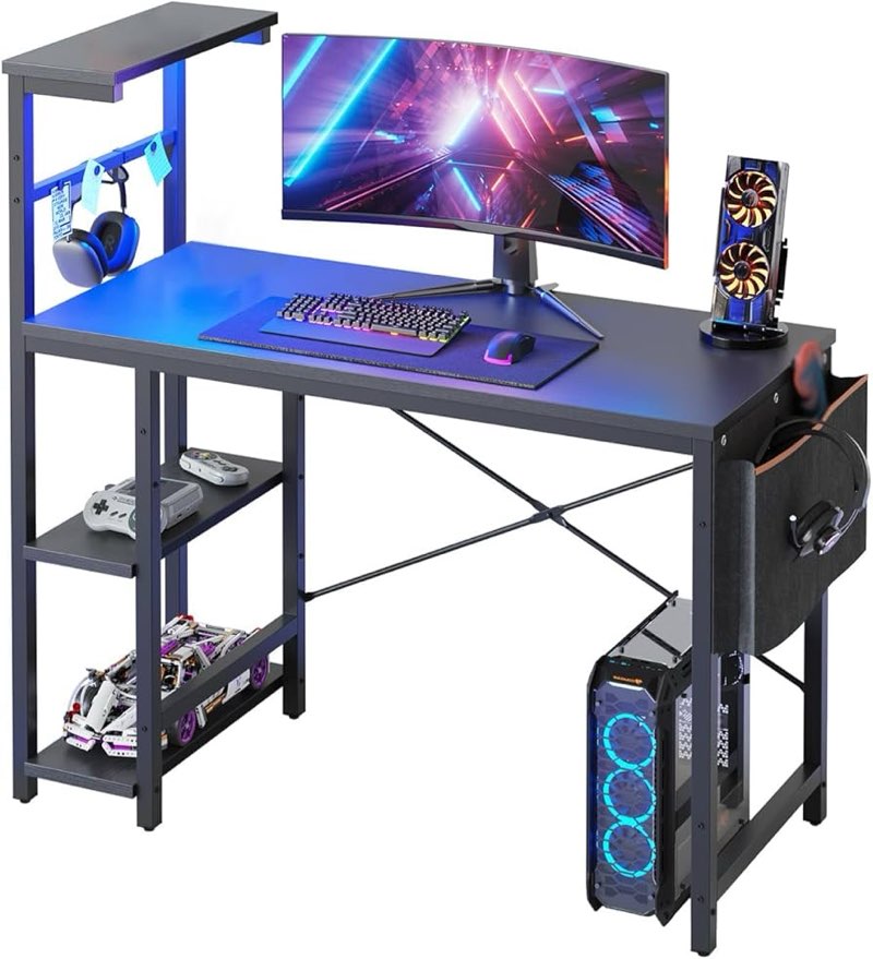 Bestier 44 Inch Gaming Desk for Small Spaces, Reversible Computer Desk with Drawers & Shelves, Moder