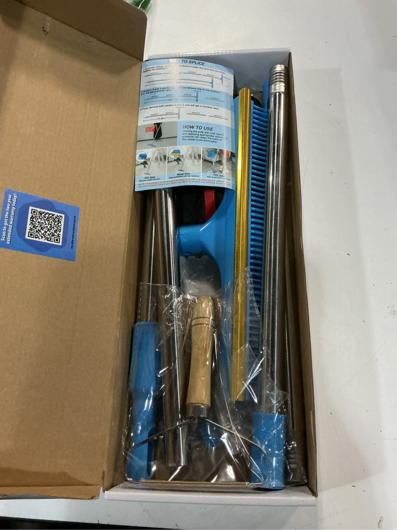 Condition photo showing As Is for 3 in 1 Carpet Rake for Pet Hair Removal, Reusable Pet Hair Remover Broom, 60'' Adjustable Long Handle Dog and Cat Hair Remover Tool Set of 3, Lint Remover Scraper for Carpets, Rugs, Mats, Couch, Car 60inch Blue
