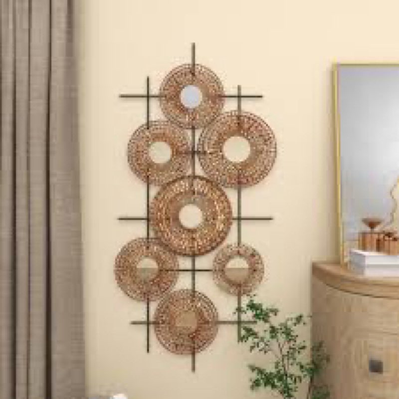 Metal Plate Brown Wall Decor with Round Mirrored Accents