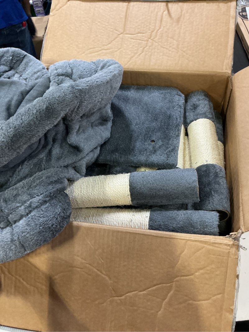Condition photo showing As Is for heybly cat tree, 71-inch-tall tower for indoor cats with 2 perches, 2 big condos, 2 hammocks, basket, scratching pad, large cat furniture and condo, smoky gray hct034g 71 inch smoky gary