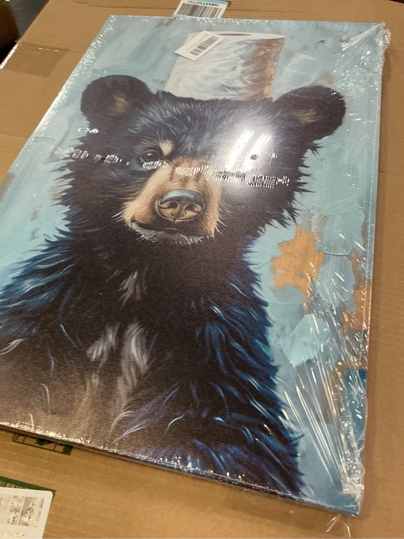 Condition photo showing New/Like New for vvl funny bathroom bear wall art black bear with paper canvas painting picture black and white humor animal wall decor for kids restroom bathroom home decoration blue 16x24in