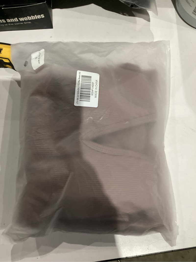 Condition photo showing New/Like New for HONENNA Backless Workout Jumpsuit for Women Tummy Control Yoga Outfit Seamless Gym Romper for Pilates Lounge Wear Coffee Brown Large