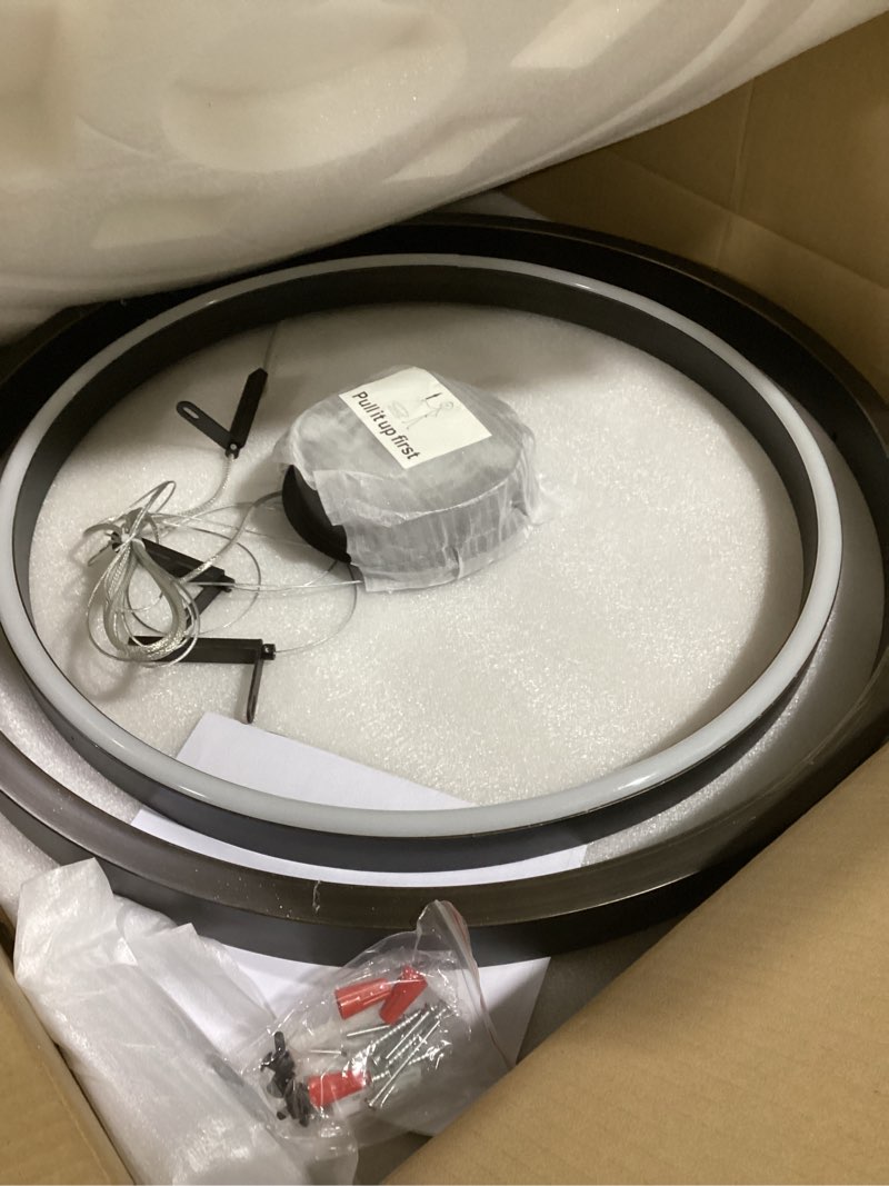 Condition photo showing Good Condition for Modern LED Chandelier Vintage Brown Dimmable Circular LED Pendant Light with Remote Ring Chandelier Dining Room Light Fixtures for Kitchen Island Living Room Entryway, D23.6 2 Rings Dark Drown