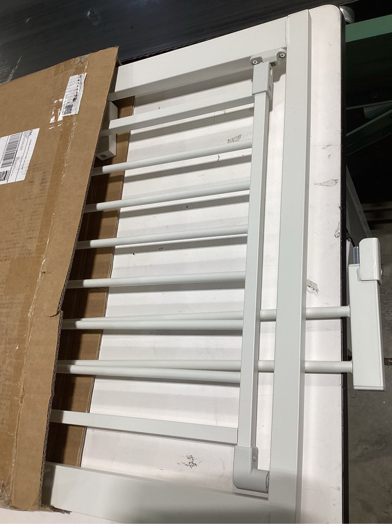 Condition photo showing As Is for babelio baby gate for doorways and stairs, 36“ tall pet gate, pressguard p7 with auto close design, 29"-43" wide easy install pressure mounted, safety gate door for child and pet, white white 36"tall 29"-43" wide