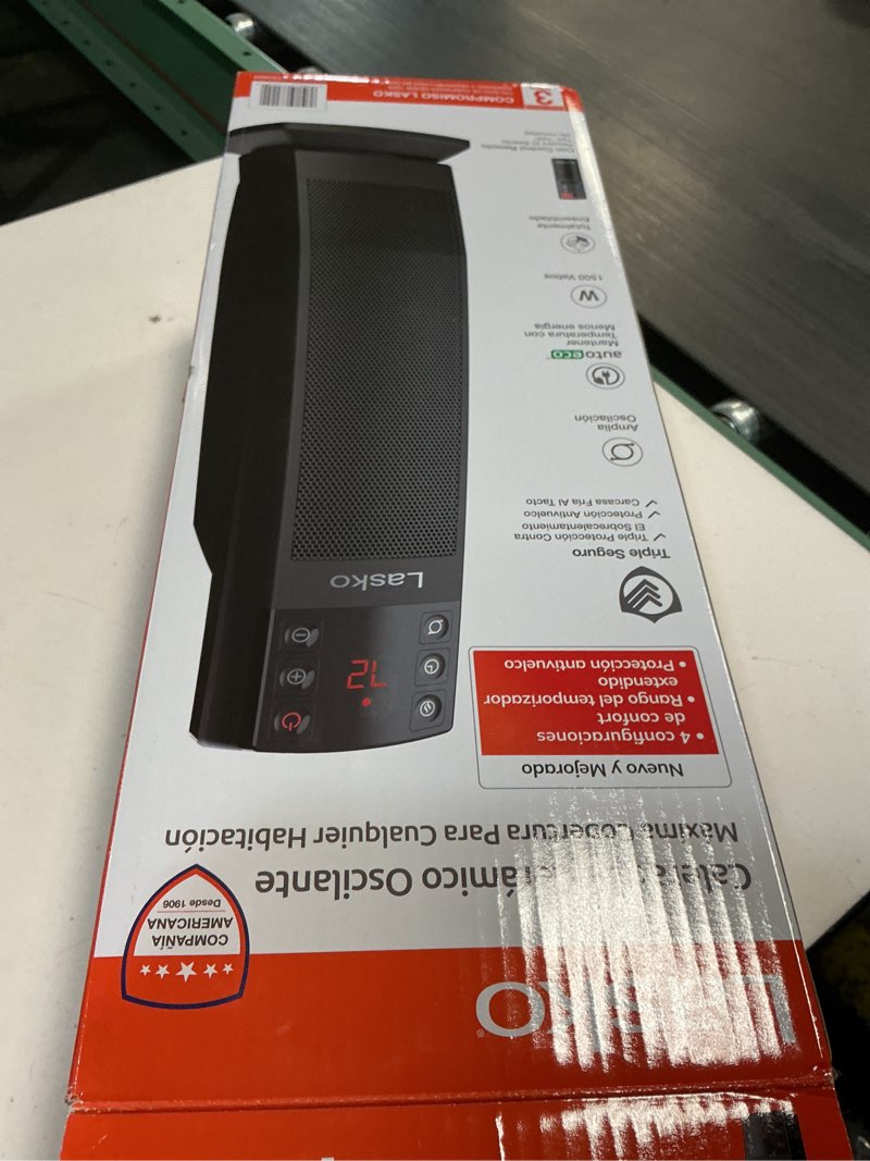 Condition photo showing New/Like New for lasko 22” oscillating electric ceramic tower space heater, tip-switch, remote, black, ct22850