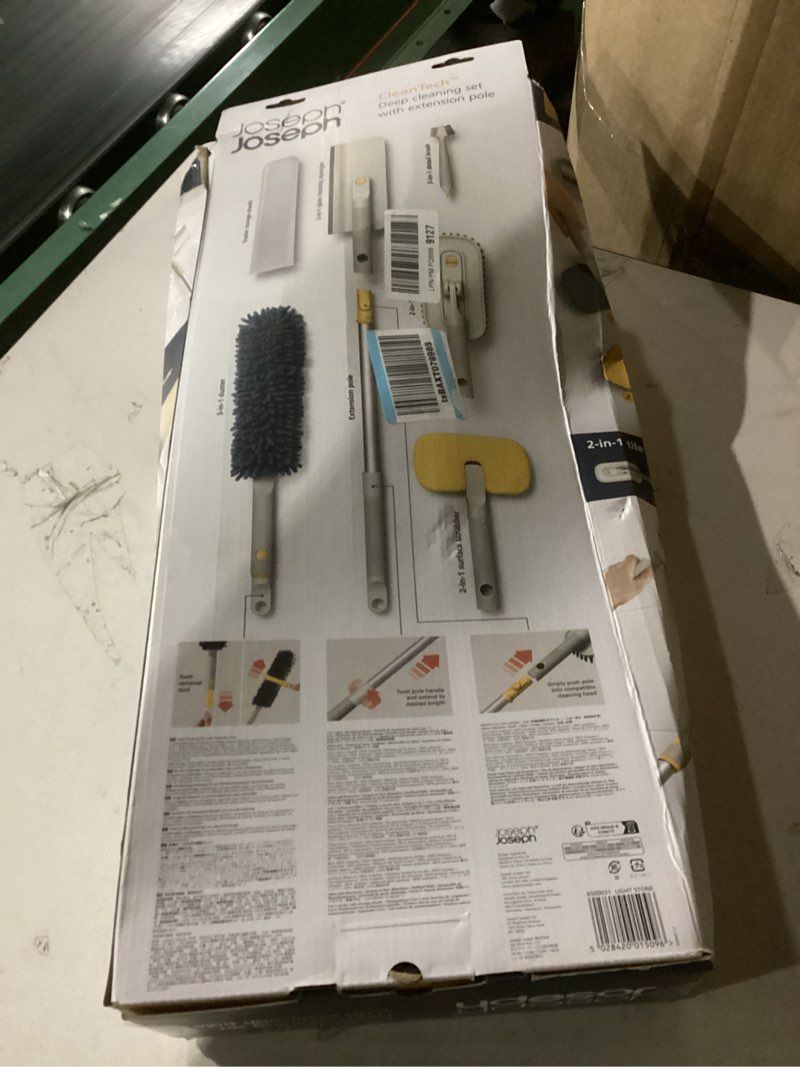 Condition photo showing New/Like New for joseph joseph cleantech 6-piece cleaning set with extension handle, includes: glass cleaner w/squeegee, tile scrubber, grout brush, surface cleaner and duster with telescopic pole for ceiling fan 6 piece