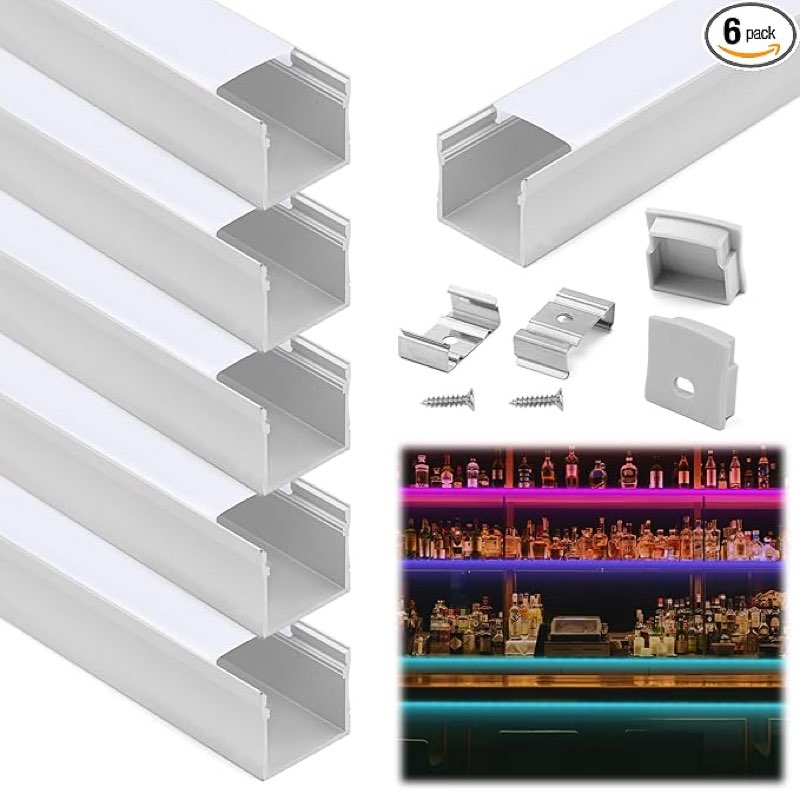 Muzata 6Pack 3.3FT/1M Plus-Size Spotless LED Channel for Waterproof LED Strip up to 16mm Width Silver LED Strip Channel with Milky White Cover for Ceiling Decor U118 WW