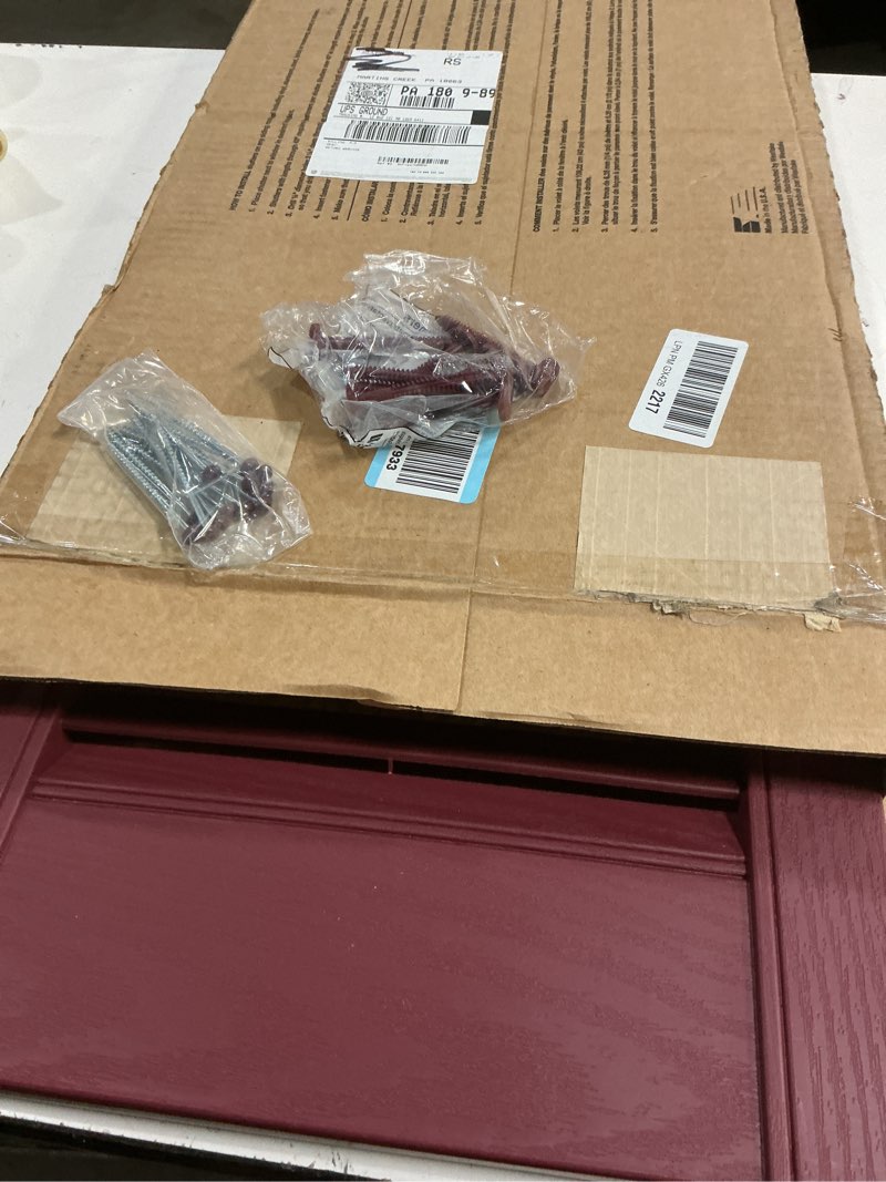 Condition photo showing New/Like New for builders edge 14.5 in. w x 43 in. h builders edge, standard cathedral top center mullion, open louver shutters, includes matching installation spikes (per pair), 078 - wineberry 14.5"w x 43"h 078 - wineberry
