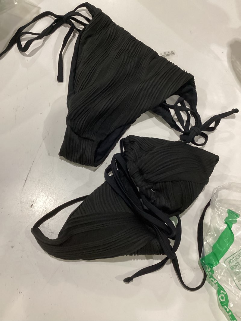 Condition photo showing As Is for zaful bikini sets for women halter two piece swimsuit ribbed high cut tie side thong bathing suit sexy padded swimwear large black