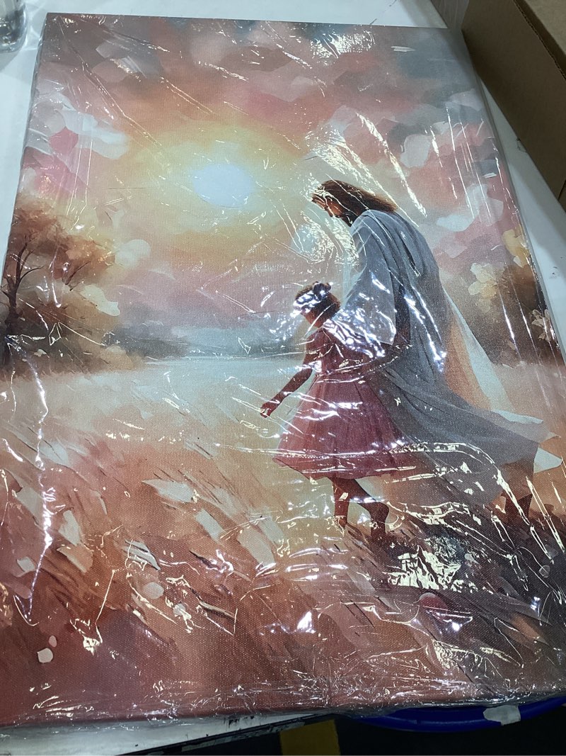Condition photo showing Good Condition for jesus and girl wall art christian poster painting jesus and children canvas art print soft pink sunset landscape wall decor picture for baby girl room nursery room living room bathroom religious decorations 16*24 in (canvas) jesus little girl wall art canvas 24"l x 16"w