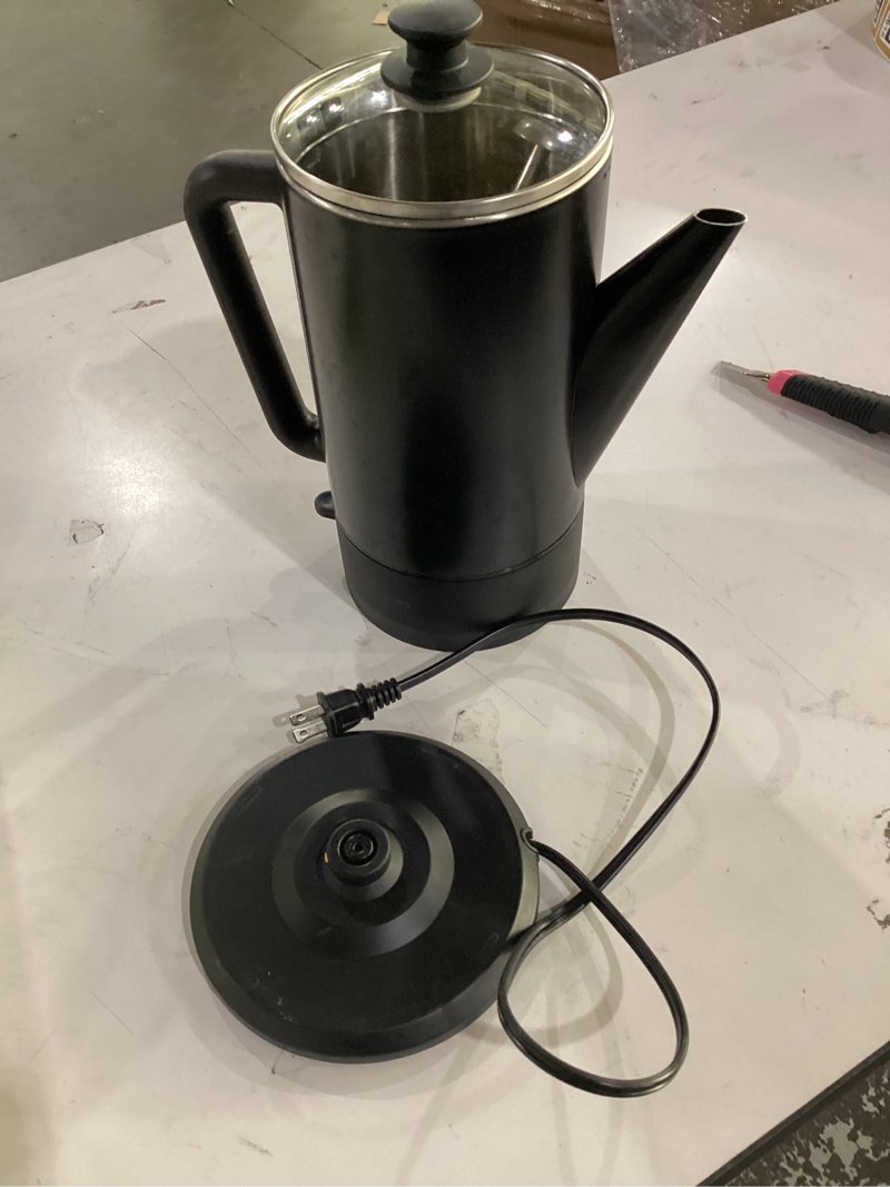 Condition photo showing As Is for presto 02815 12-cup cordless coffee percolator - stainless steel, modern design, easy pour spout, stay-cool handle, matte-black black cordless 12-cups
