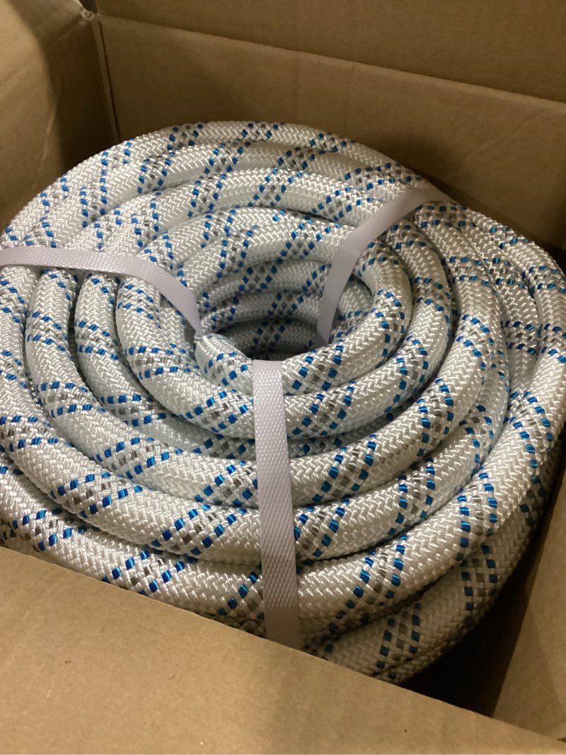 Condition photo showing New/Like New for 3/4 in x 150ft gray white blue arborist bull rope double braid polyester rigging hoisting line high strength tree rope for rigging, swing for rigging sailboat weathered line tree work