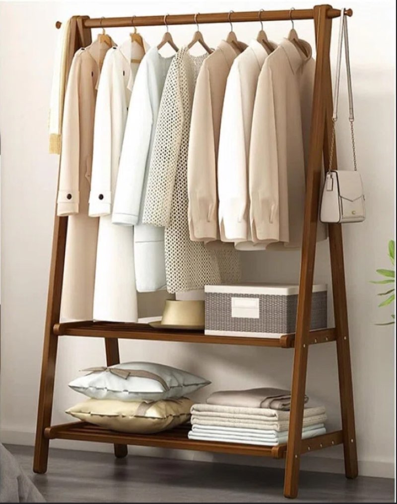 Foldable Bamboo Clothing Rack with Storage Shelves – Freestanding Garment Organizer for Bedroom or Entryway INCOMPLETE 