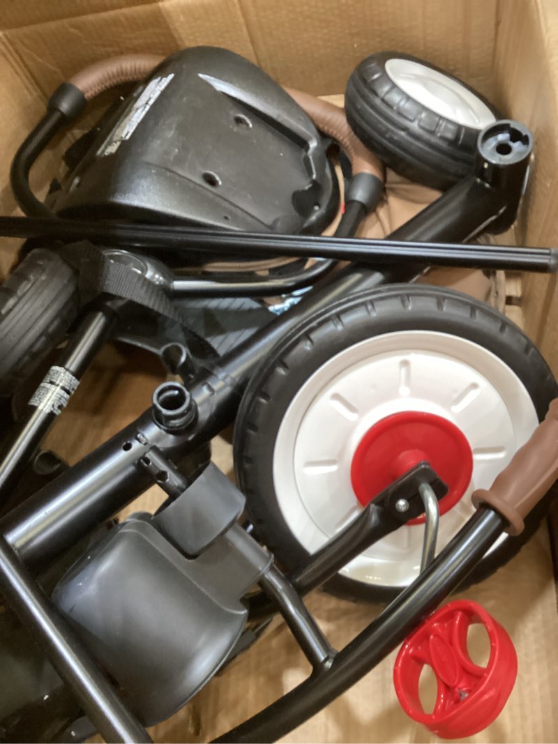 Condition photo showing As Is for radio flyer city 4-in-1 stroll 'n trike, mocha, for riders 1-5 years old, 4 riding modes, 3 point harness with comfort pad, parent controlled steering, rear storage, stroller tricycle for toddlers