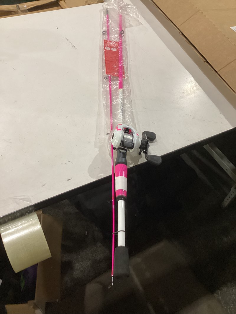 Condition photo showing Good Condition for zebco roam spincast reel and fishing rod combo, fiberglass rod with comfortgrip handle, quickset anti-reverse fishing reel prism pink