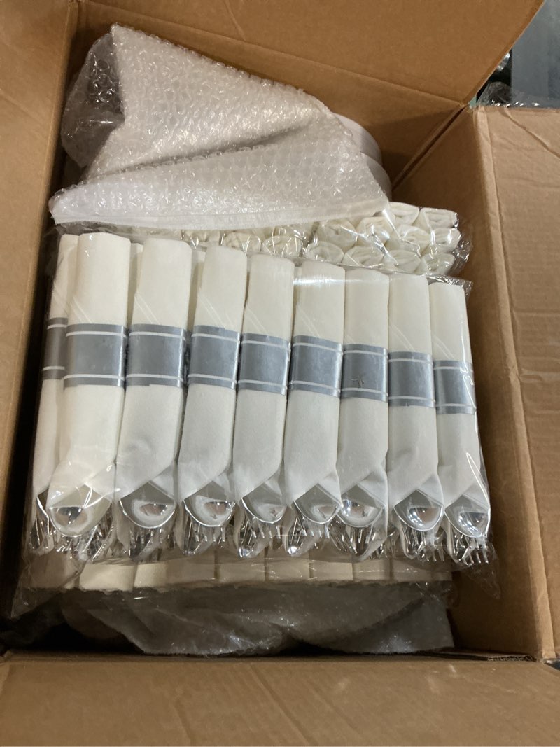 Condition photo showing New/Like New for bestvip 525pcs silver plastic dinnerware set for 75 guests, disposable plates for party, include: 150 plastic plates, 75 pre rolled napkins with silver silverware, 75 cups for christmas 75 guests silver