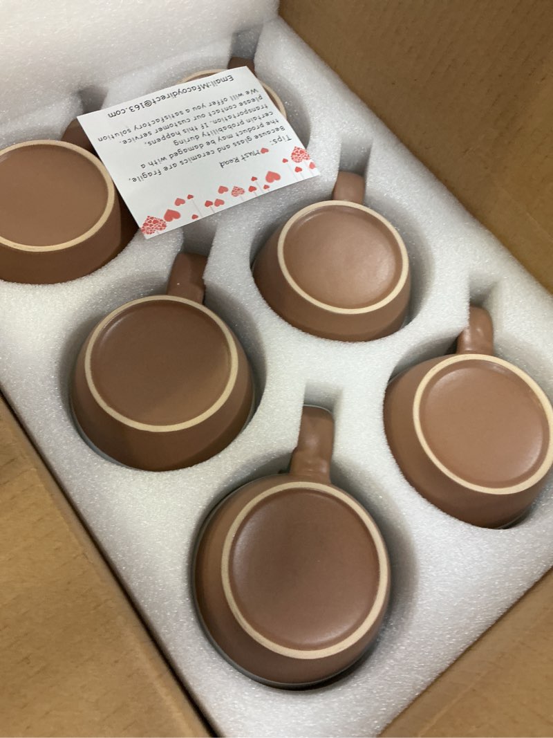 Condition photo showing New/Like New for morandi color ceramic coffee mugs set of 6 (large),18 oz coffee cups with handle, latte mug, big mug for women, men, great for tea hot chocolate, microwave safe, modern, unique style for any kitchen assorted neutrals