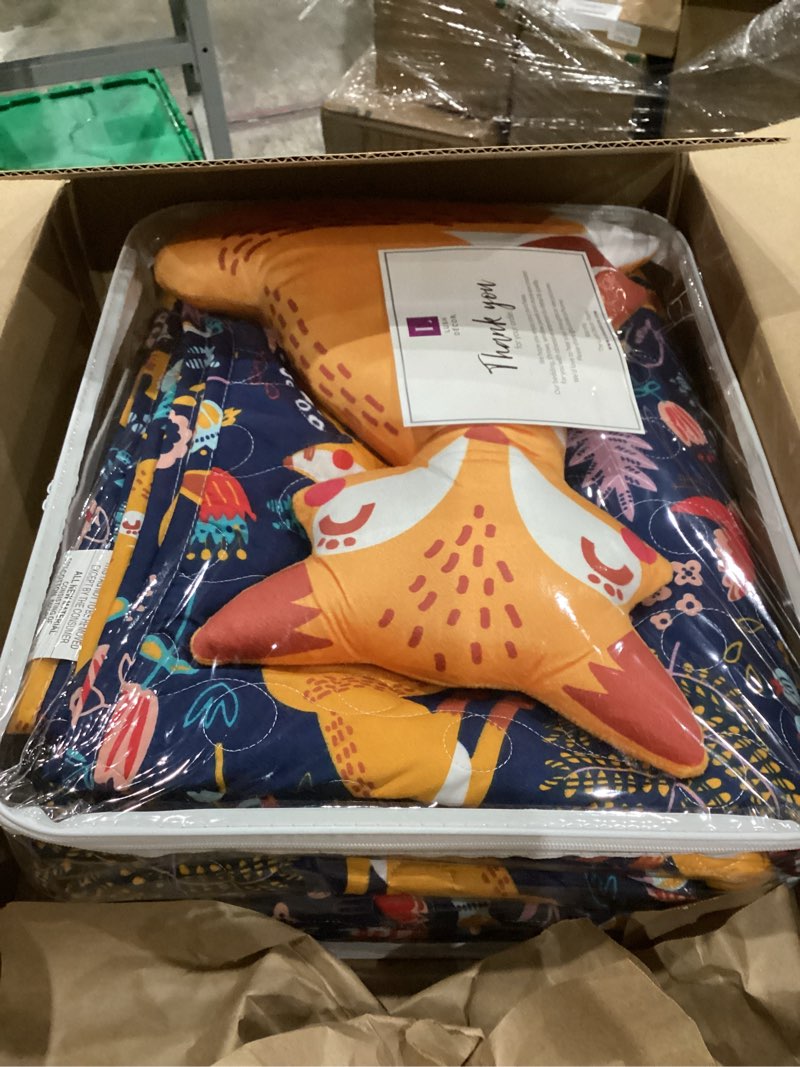 Condition photo showing As Is for Lush Decor Pixie Fox Reversible Quilt Set, 4 Piece Set, Full/ Queen, Navy & Orange - Bedding Sets For Girls - Whimsical Quilt For Kids & Toddlers - Floral & Heart Print - Woodland Bedroom Decor