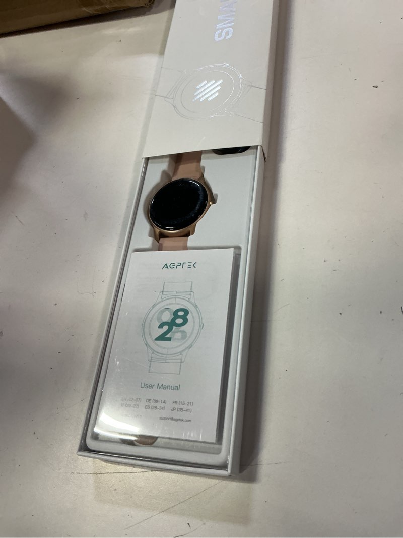 Condition photo showing Good Condition for agptek smart watch for women, 5atm waterproof smartwatch for android and ios phones, fitness tracker watch with 100+ sports modes, heart rate monitor pedometer sleep monitor, pink rose gold case with pink band