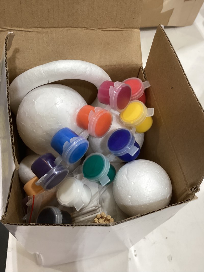 Condition photo showing As Is for 48PCS Solar System Model Foam Ball Kit Includes 10 Sizes Polystyrene Spheres Balls, Bamboo Sticks, Toothpick Flags, 12 Color Pigments, Brushes, Paint Tray Palette for School Science Projects 48 pieces