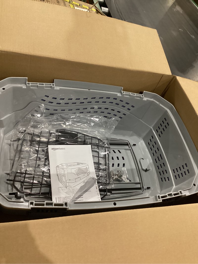 Amazon Basics 2-Door Top-Load Hard-Sided Dogs, Cats Pet Travel Carrier, Gray & Blue, 22.8"L x 15.0"W