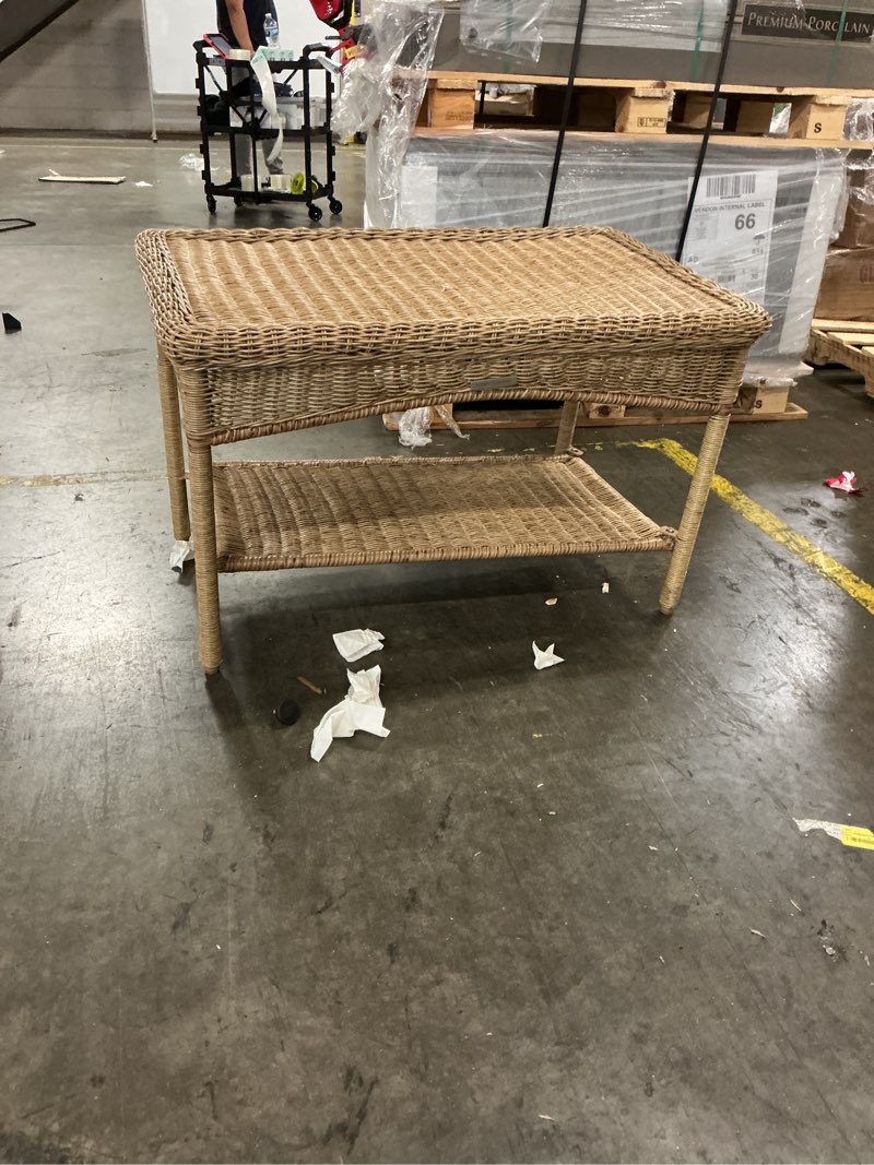 Condition photo showing As Is for rosemont light brown rectangular steel wicker outdoor patio coffee table