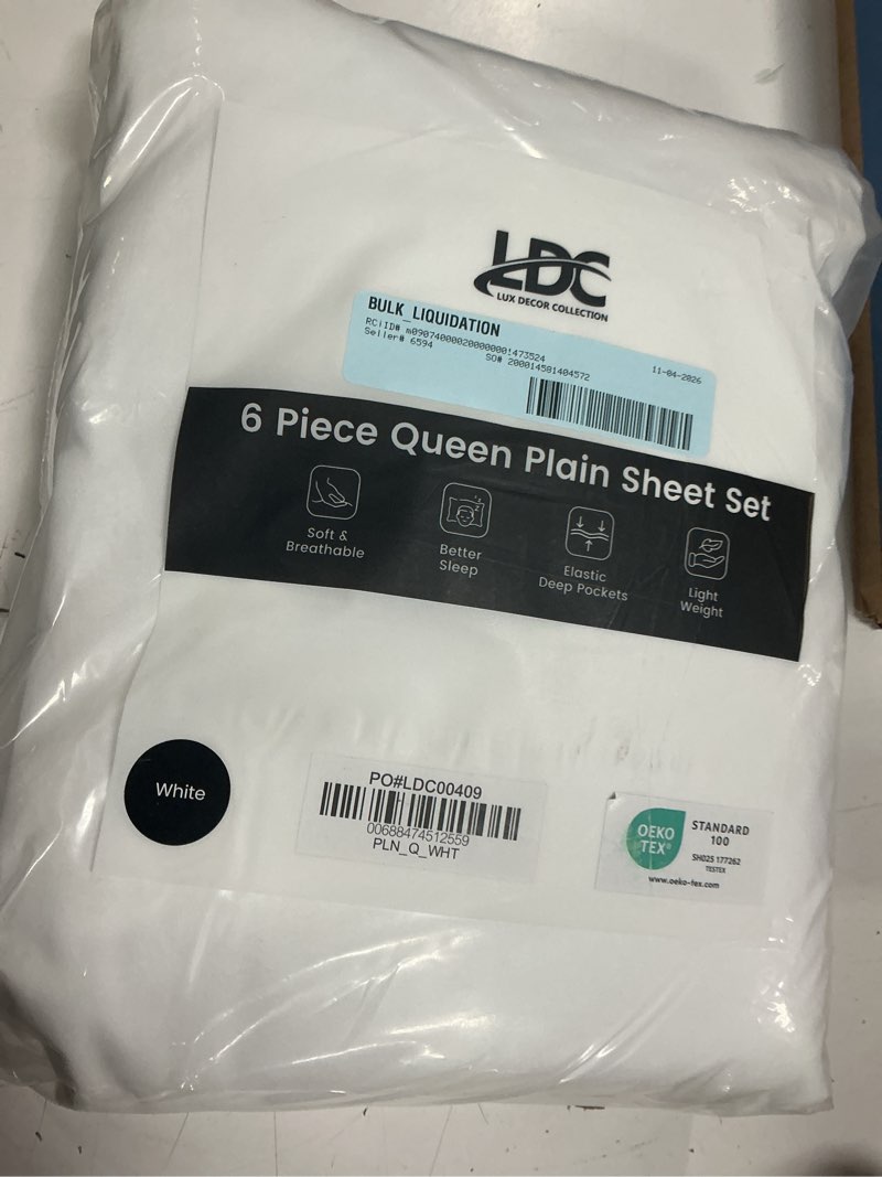 Condition photo showing New/Like New for lux decor collection queen sheets set - 6 piece microfiber 16 inch deep pocket bed sheets set - white