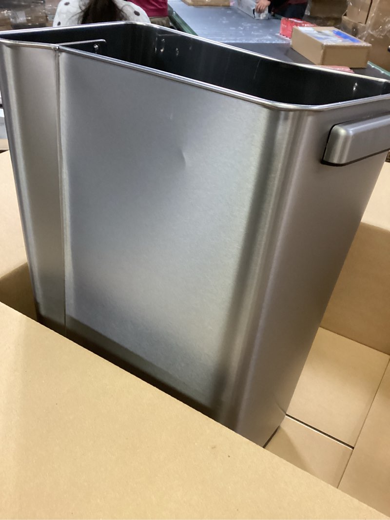 Condition photo showing As Is for EKO Mirage-T 50 Liter / 13.2 Gallon Touchless Rectangular Motion Sensor Trash Can, Brushed Stainless Steel Finish