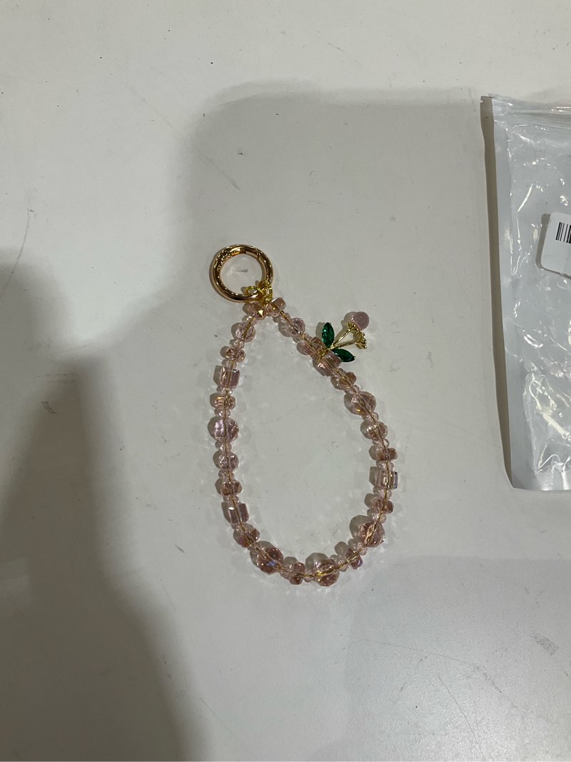 Condition photo showing As Is for Phone Charm Wrist Strap, Beaded Phone Bracelet Strap for Women, Wristlet Chain for Cellphone Camera, Pink Cherry