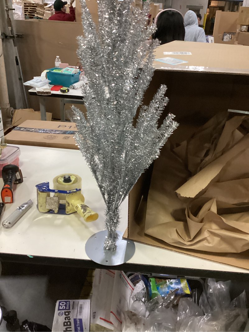Condition photo showing Good Condition for 18 Inch Small Tabletop Christmas Tree Classic Artificial Tinsel Feather Branches Indoor Outdoor Wood Base Stand Included, 18IN Tall (Silver)