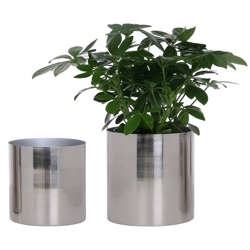 Round Handmade Shiny Silver Tone Metal Plant Pot Covers, Decorative Indoor Tabletop Houseplant Planter Containers, 2 Piece Set - Handcrafted in India