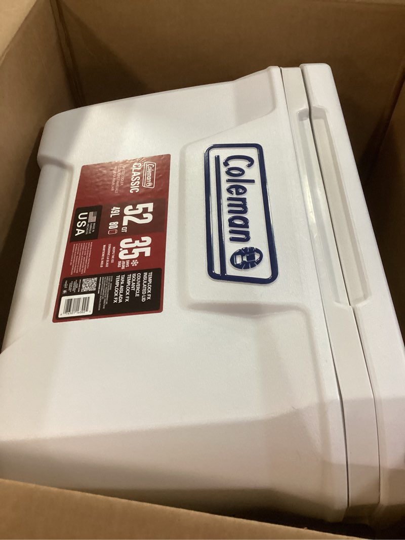 Condition photo showing Good Condition for coleman marine cooler with fully insulated uv guard lid & body, keeps ice for 3+ days, great for boating & fishing, 52qt/100qt wheeled/120qt options