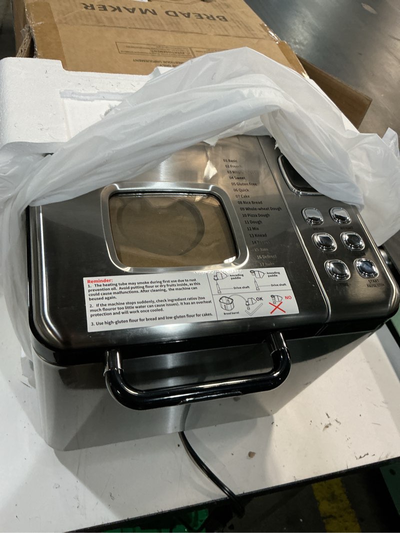 Condition photo showing Good Condition for bread maker, 2lb stainless steel bread machine, 17-in-1 automatic settings, non-stick pan, beginner-friendly controls, easy to clean, low noise, high success rate for homemade bread 13.19" x 11.42" x 13.78"