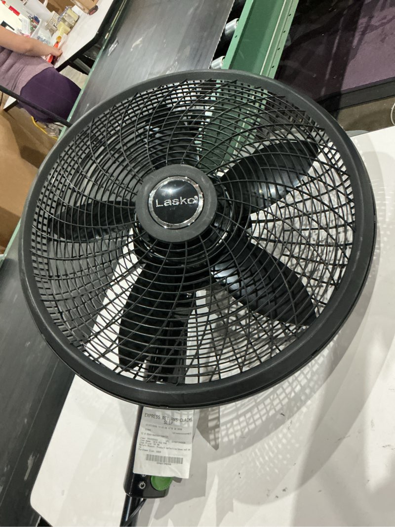 Condition photo showing As Is for lasko pedestal fan, oscillating fan for bedroom with adjustable height and 3 cooling speeds, portable, 18", black, 1827