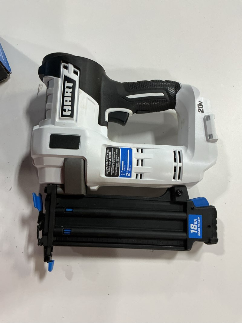 Condition photo showing As Is for hart 20-volt 2-inch 18-gauge battery-powered brad nailer kit, (1) 1.5ah lithium-ion battery