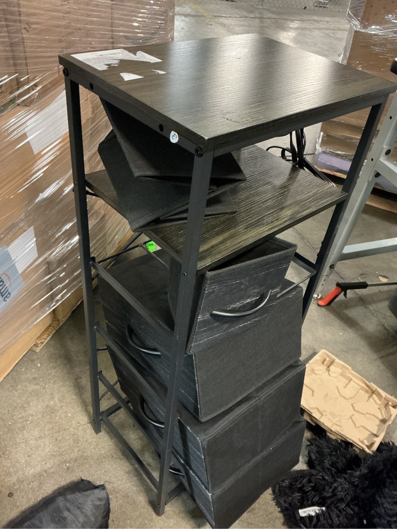 Condition photo showing As Is for (Similar to stock photo) Nightstand with Charging Station, Black Night Stand with LED Light, Tall 4 Drawer Dresser for Bedroom, 37\" H Bedside Table with Fabric Storage Bins, Open Wood Shelf, Metal Frame
