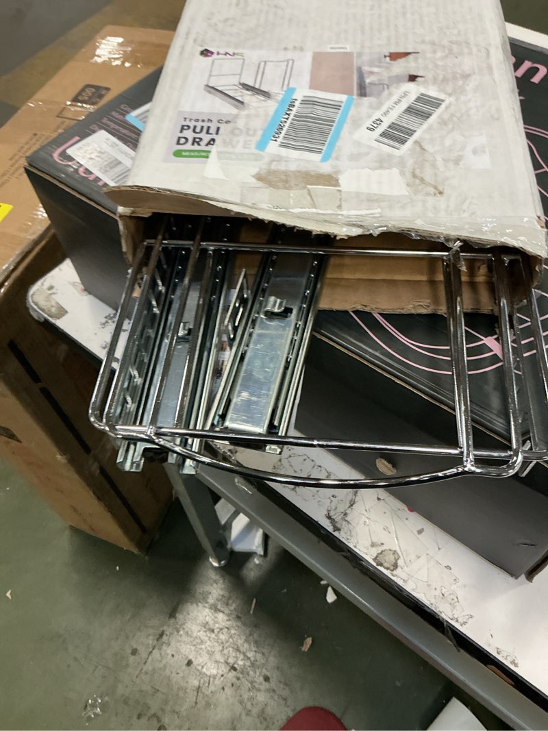 Condition photo showing As Is for Pull-Out Trash Can for Cabinet - 9 Gal / 36 qt - Heavy-Duty Chrome, Smooth Slide with Trash Bag Storage - Requires at Least 11" Cabinet Opening (Trash Bin Not Included) 9 gal / 8.5"W