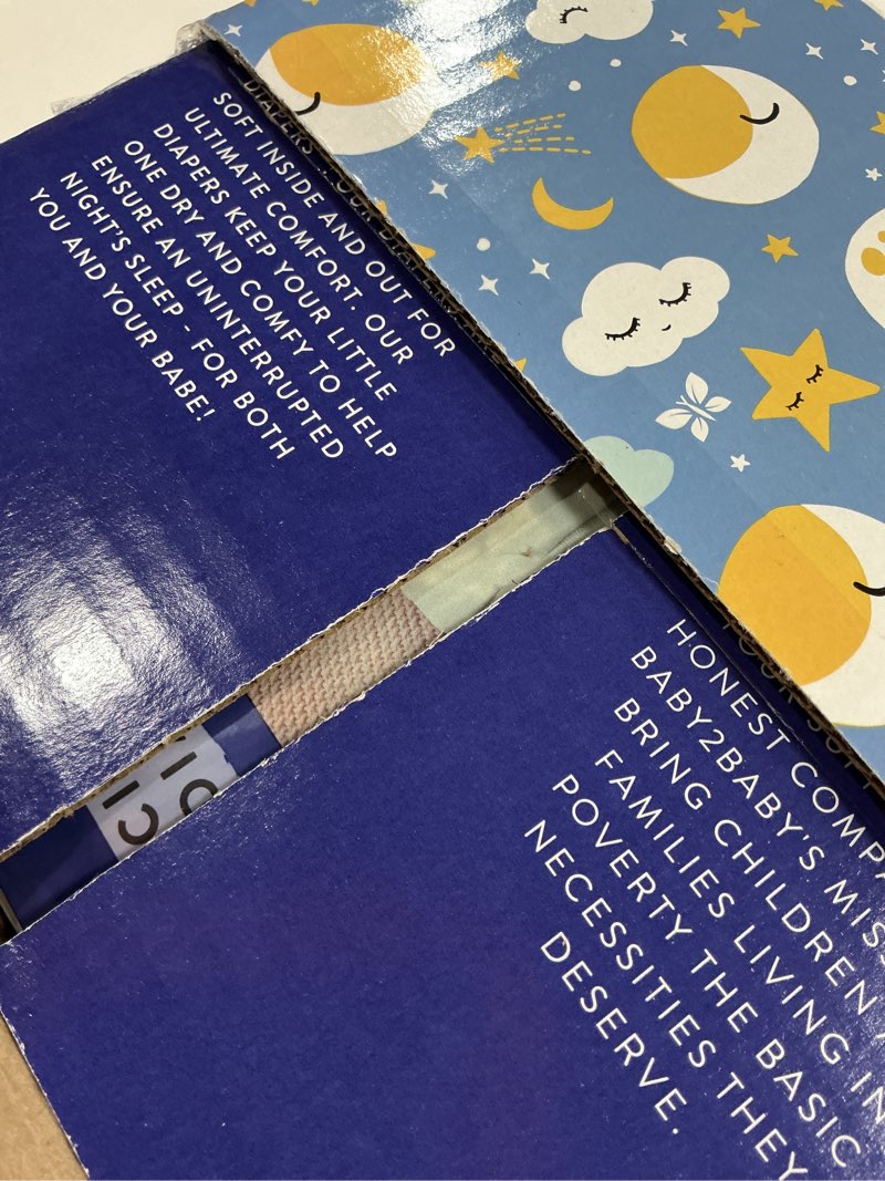 Condition photo showing New/Like New for the honest company comfort dry disposable overnight diapers for sensitive skin, hypoallergenic, baby cozy cloud and star signs design club box size 4 (22–37 lbs) 48 count size 4 48