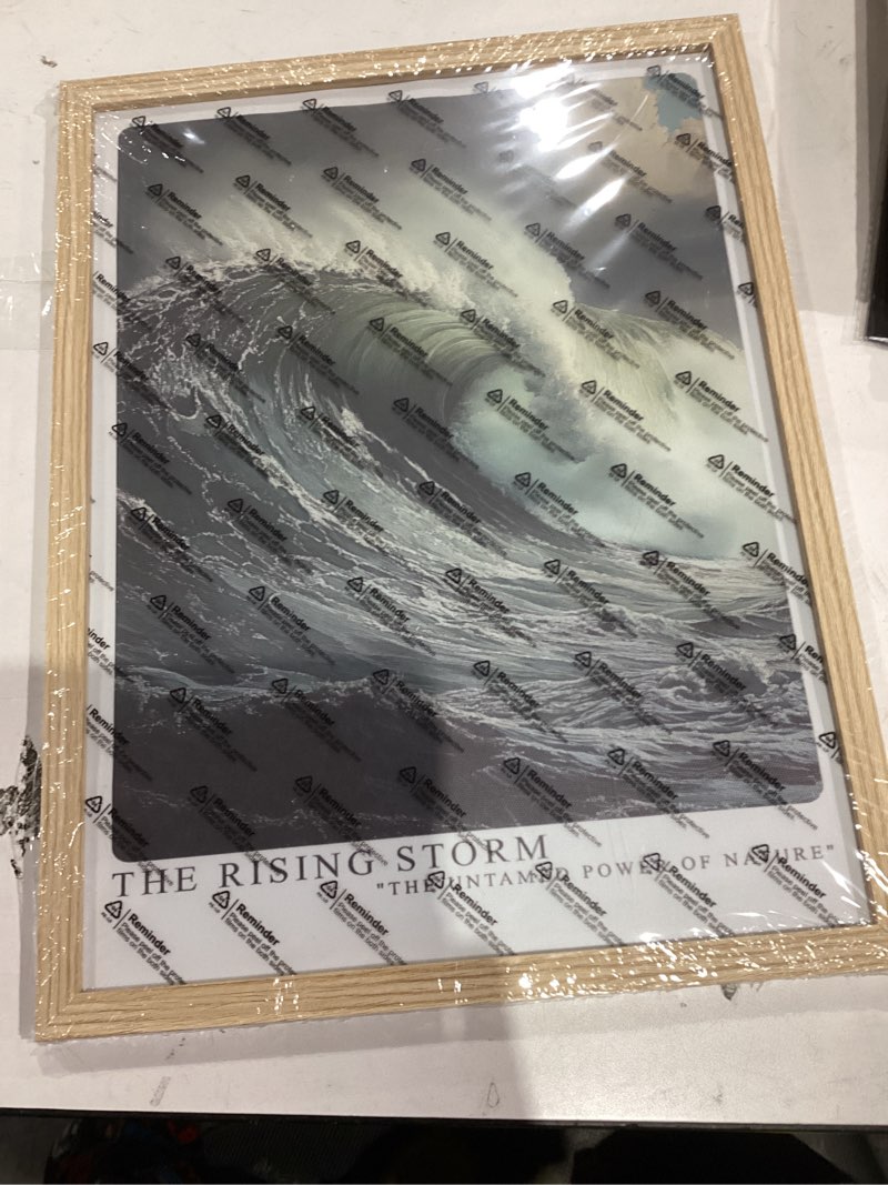 Condition photo showing As Is for Orvannaatr Storm Rise Ocean Wall Art – 12x16 Inch Canvas Print with Natural Oak Frame – Capturing Nature’s Force for Living Room, Bedroom, or Office – Gift Set 1 12"L x 16"W sea