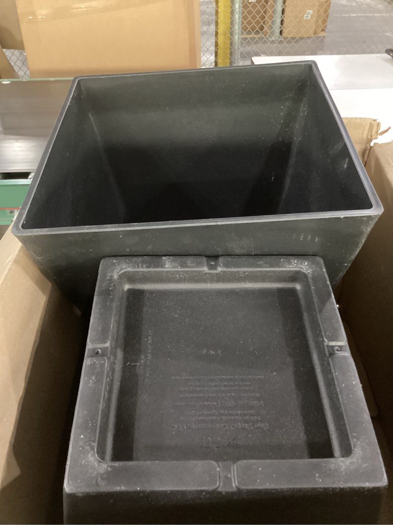 Condition photo showing As Is for step2 tremont short square planter 2 pack, 14" tall, indoor/outdoor plants, efficient drainage, durable resin, onyx black onyx black 2-pack short
