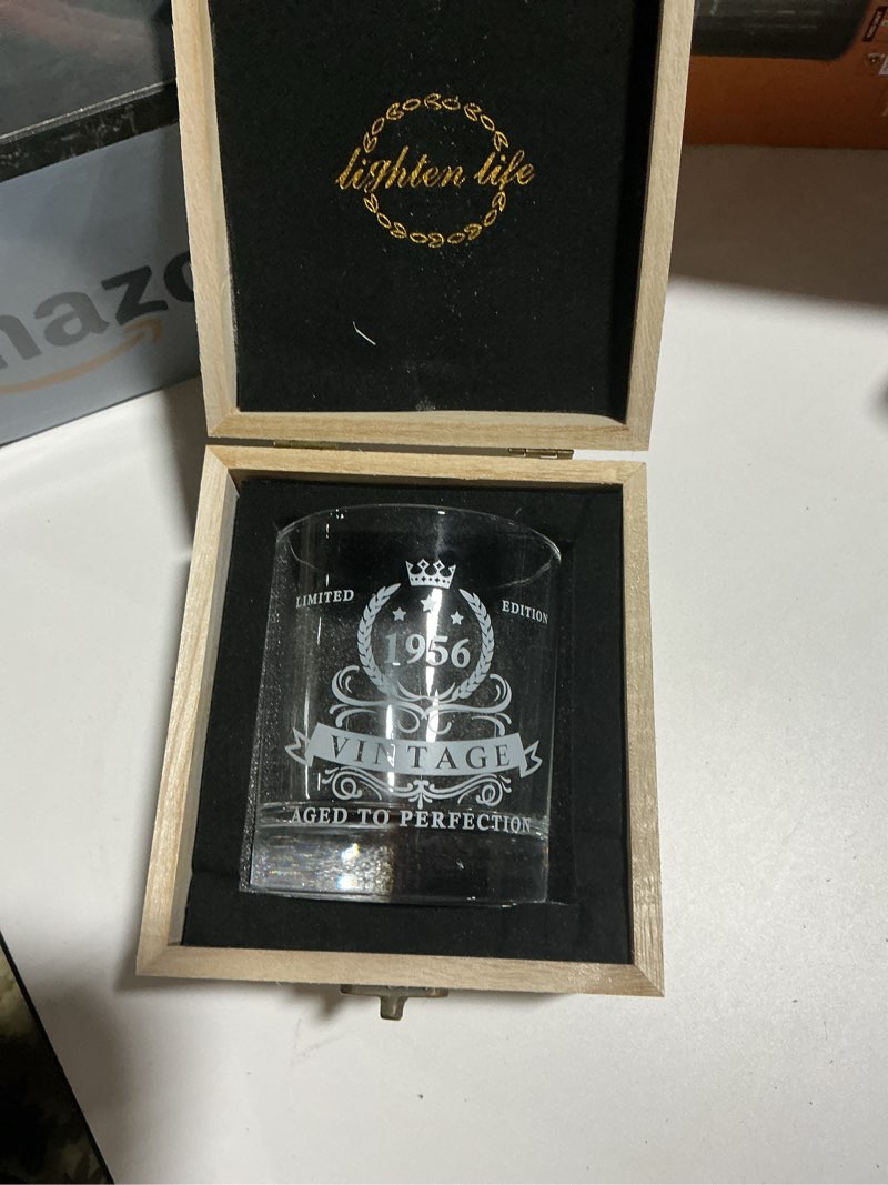 Condition photo showing Good Condition for LIGHTEN LIFE 70th Birthday Gifts for Men 12 OZ,1956 Whiskey Glass in Valued Wooden Box,70th Birthday Bourbon Glass for Dad,Husband,Friend, Bday Gift Ideas