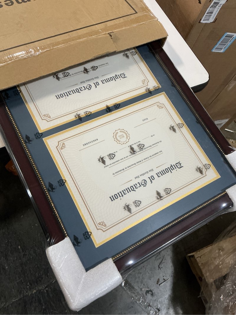 Condition photo showing Good Condition for GraduationMall 14x20 Double Diploma Frame, Display 8.5x11 Certificate with Navy over Gold Mat,UV Protection Acrylic,Mahogany with Gold Beads Mahogany With Gold Beading / Navy Gold Mat Double 8.5x11