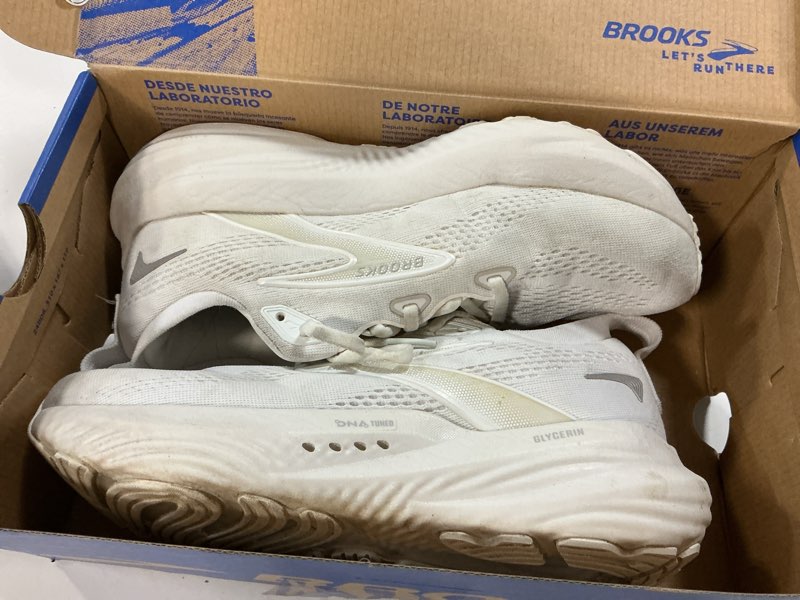 Condition photo showing As Is for brooks women’s glycerin 22 neutral running shoe 8 wide white/white/grey