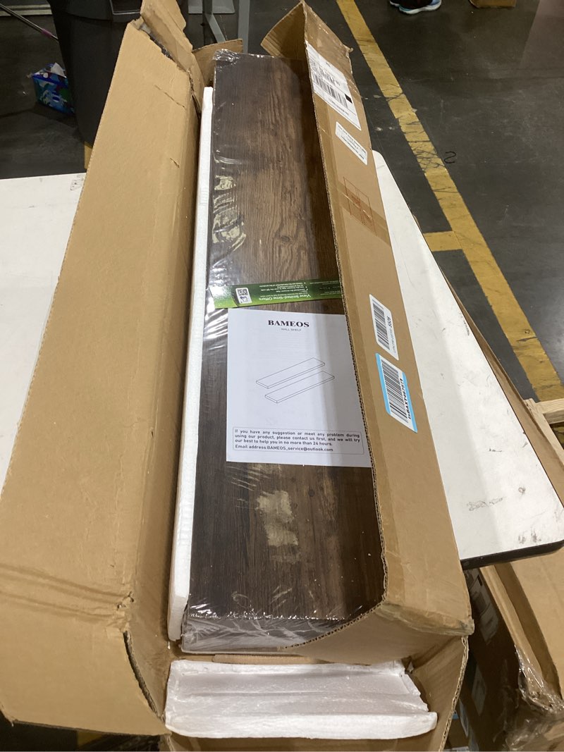 Condition photo showing New/Like New for bameos floating shelves,40 in w x 7in d wall mounted wooden shelves with invisible brackets set of 2, hanging wall shelves decoration for bedroom, bathroom, living room and kitchen,rustic brown 40x7 rustic brown