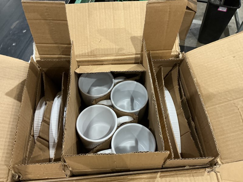 square house 16 piece dinnerware set key west - plates, bowls , and mugs set for 4 - chip and scratch, pearl white.
