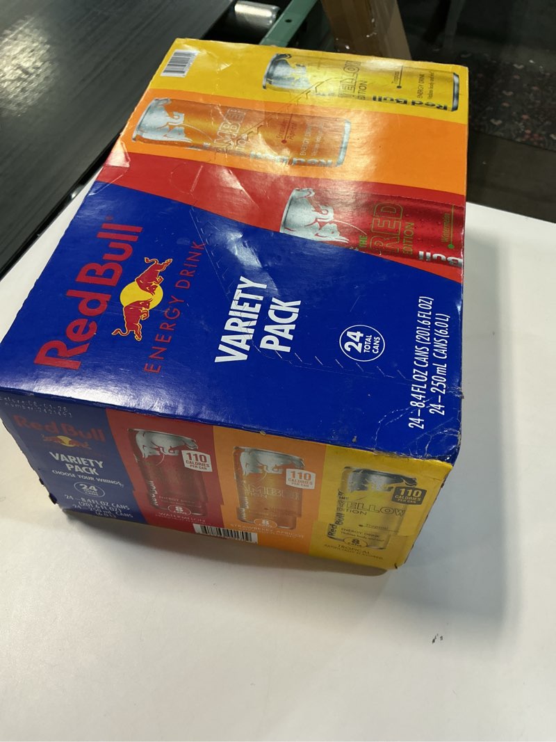 Condition photo showing Good Condition for (Best before 06 / 01 / 26 ) Red Bull Energy Drink Variety Pack, Red Bull Red, Yellow, and Amber Edition and Energy Drinks, 8.4 Fl Oz, 24 pack Cans Variety 8.4 oz., 24pk, (1x24)