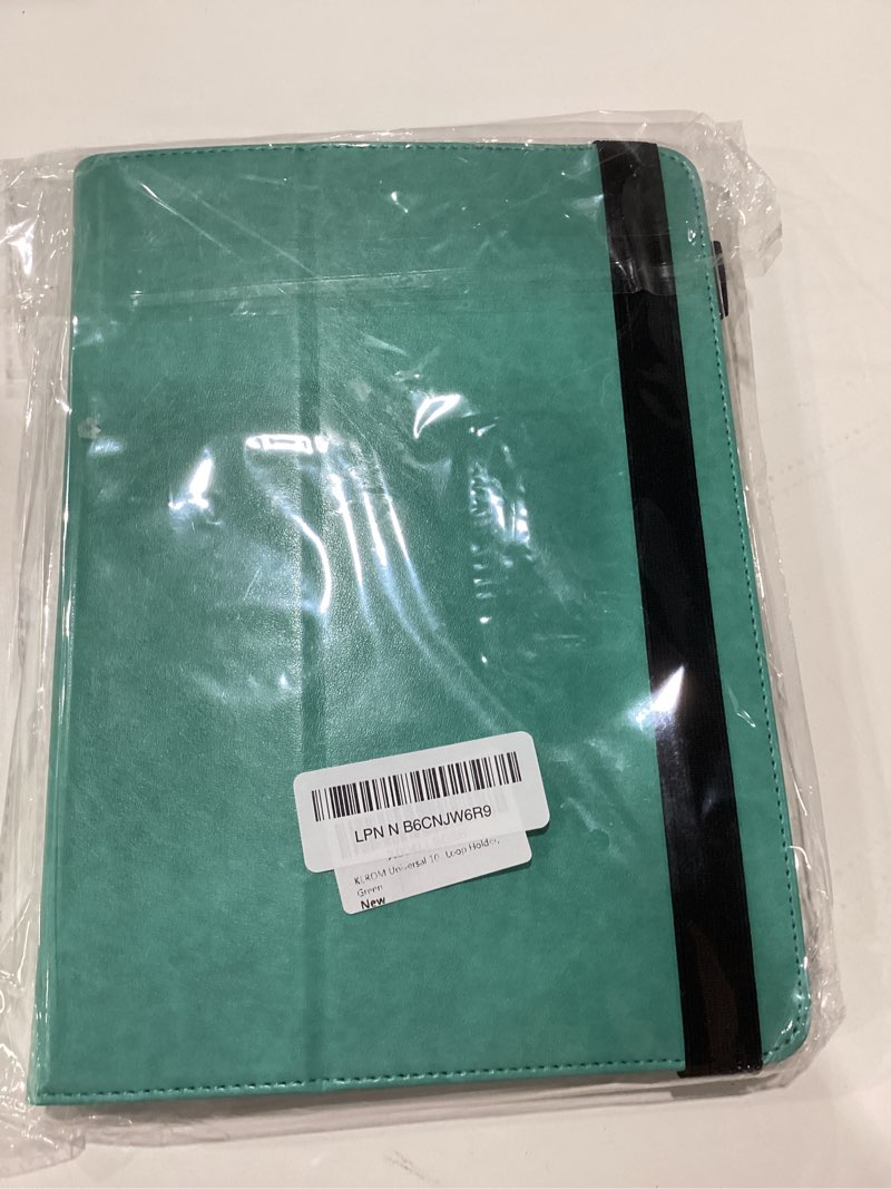 Condition photo showing New/Like New for kerom universal 10 inch tablet case, universal 10.1 inch tablet case, elegant pu leather folio stand protective cover for 9.5-10.5 inch tablet, has hand strap, card slots, pen loop holder, green # green